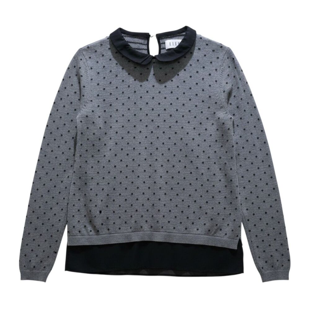 ELLE Women's Gray Polka Dot Long Sleeve Sweater Top Peter Pan Collar Size M